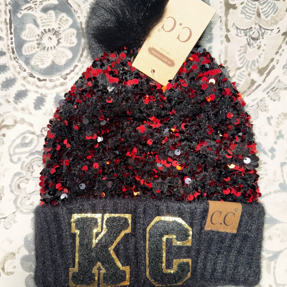 C.C Sequin Fleece Beanie - Red and Black, KC gold & black letters